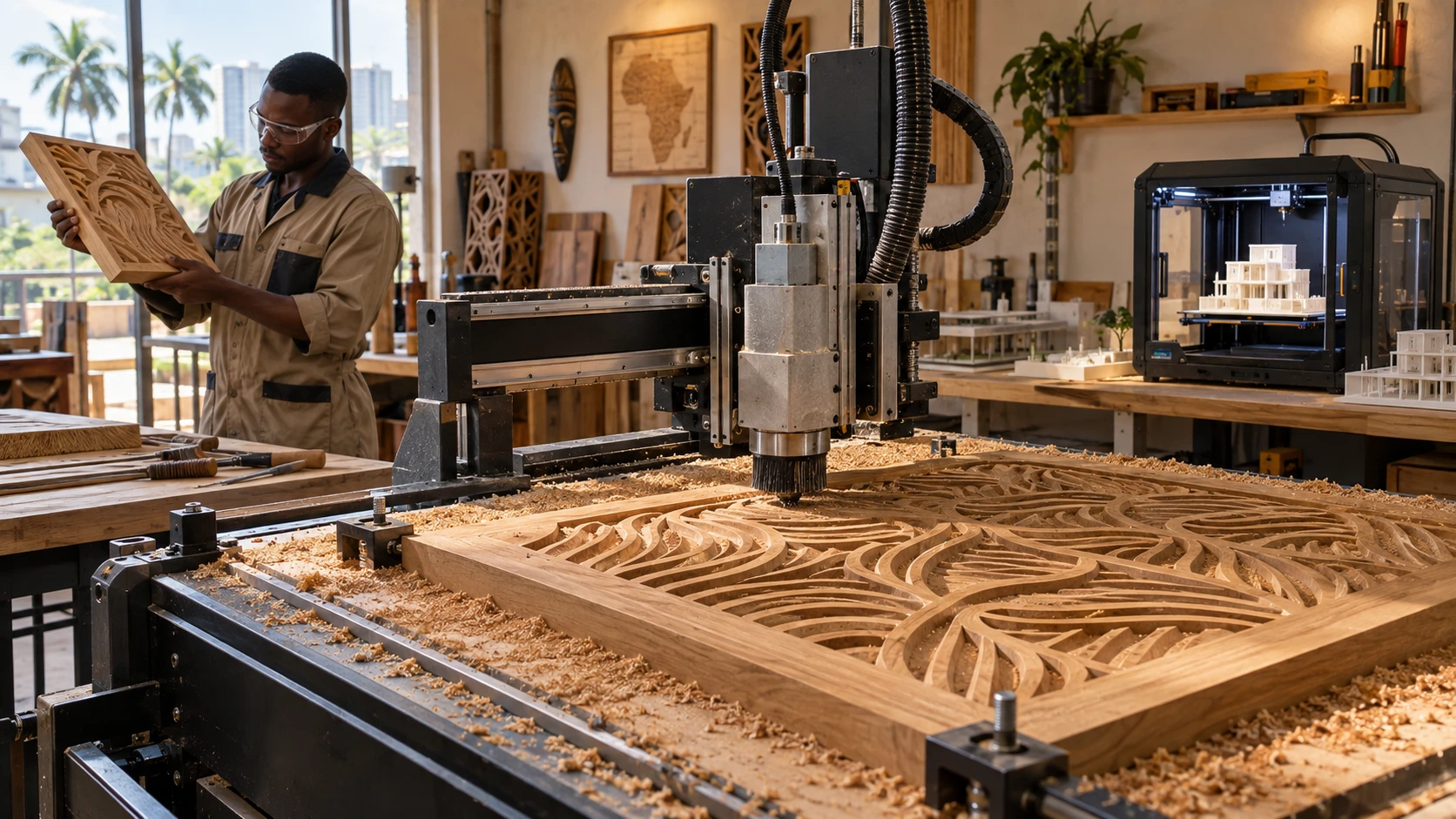 Usinage CNC d’un panneau en bois aux reliefs géométriques