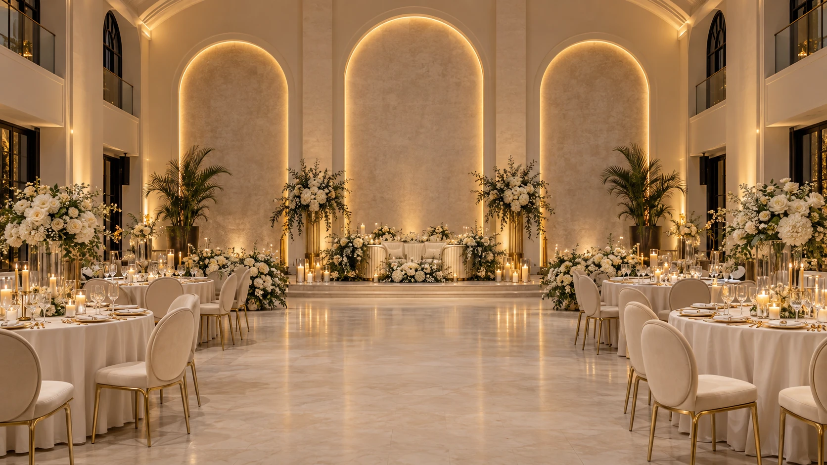 Salle de mariage aux murs ivoire, tables dressées et compositions florales, avant projection
