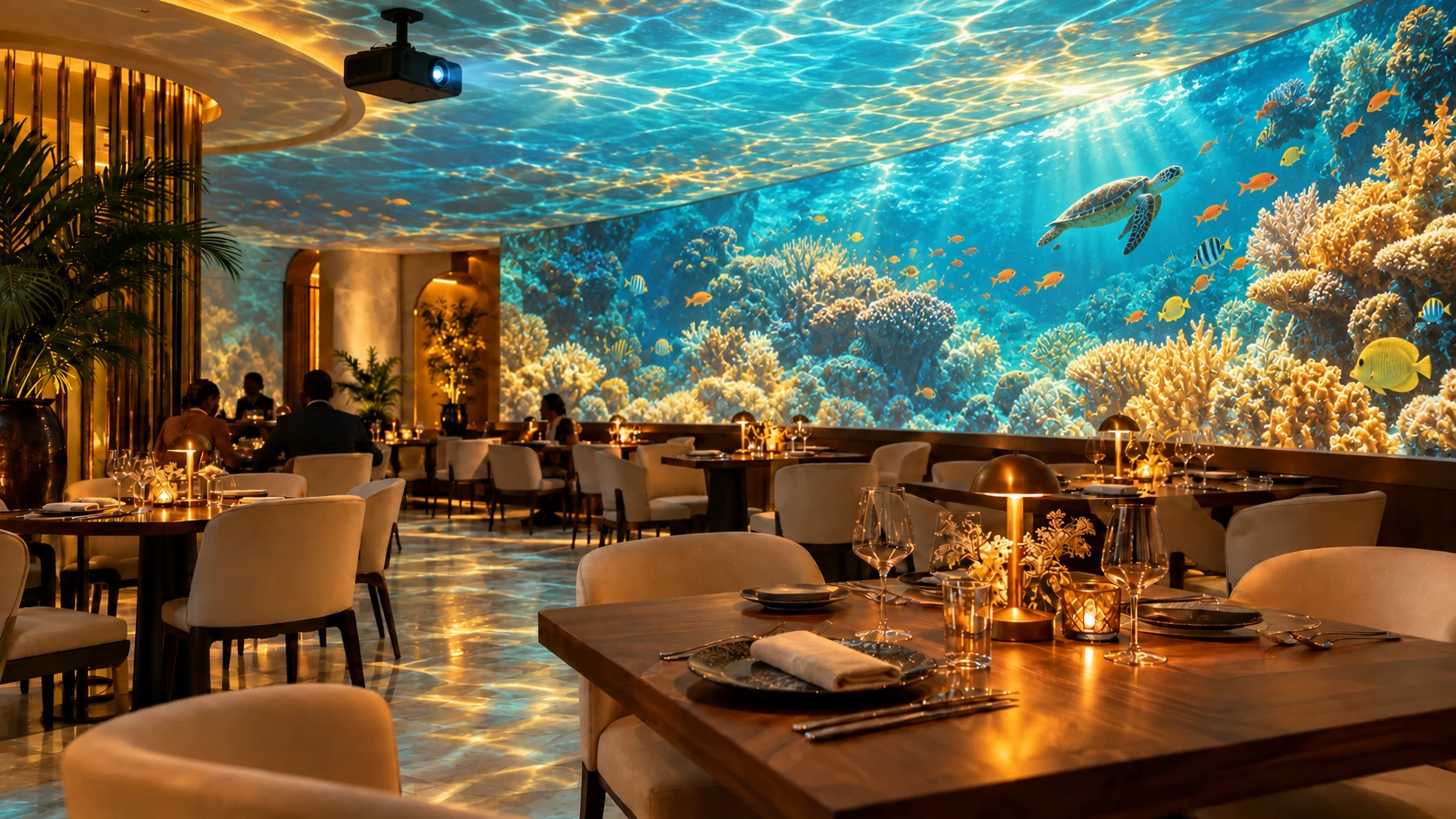 Restaurant mis en valeur par des projections marines