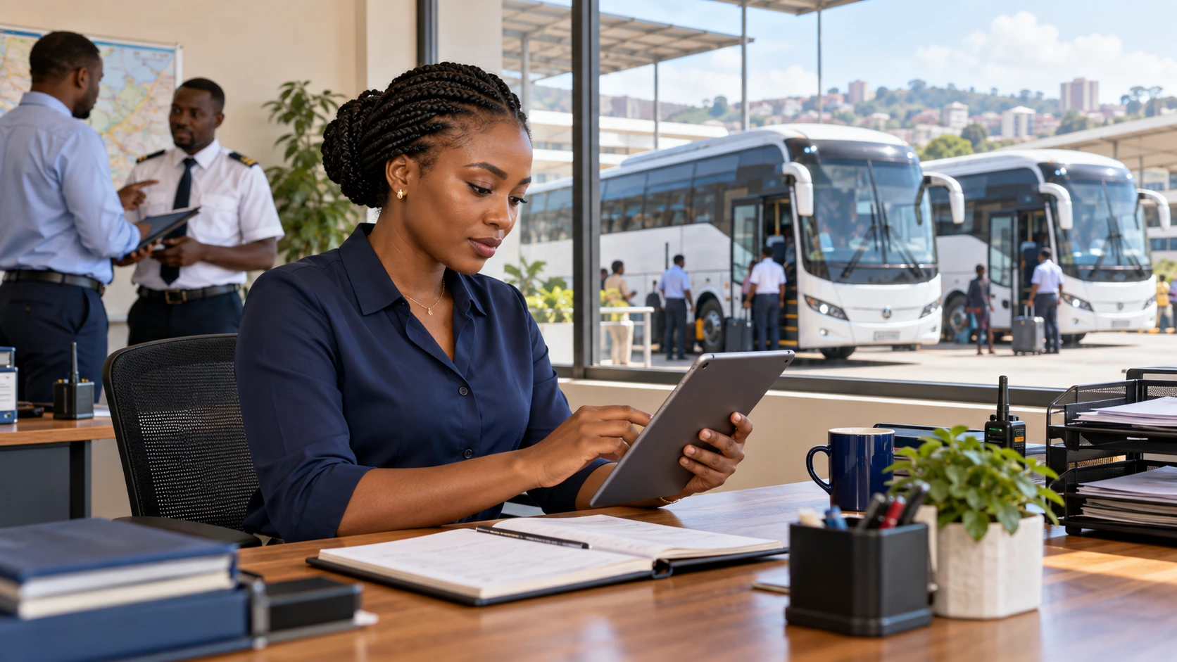Une responsable d’agence de voyage consulte sa tablette devant des autocars au départ