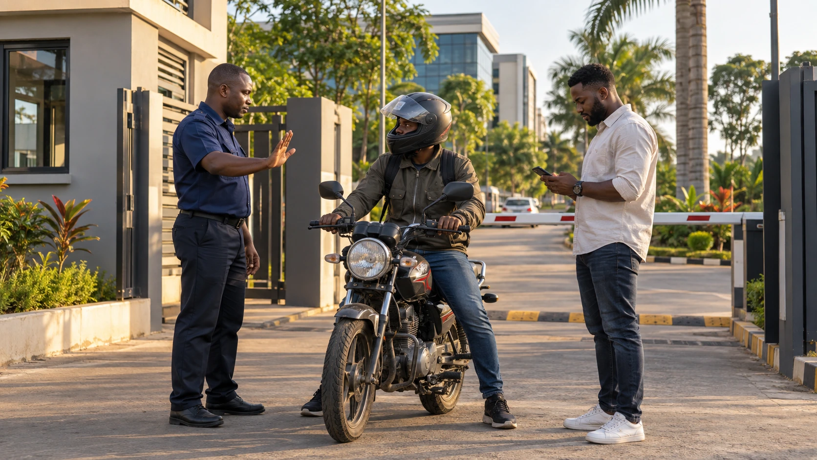 Un motocycliste arrêté à un point de contrôle privé échange calmement avec un agent et le propriétaire du véhicule